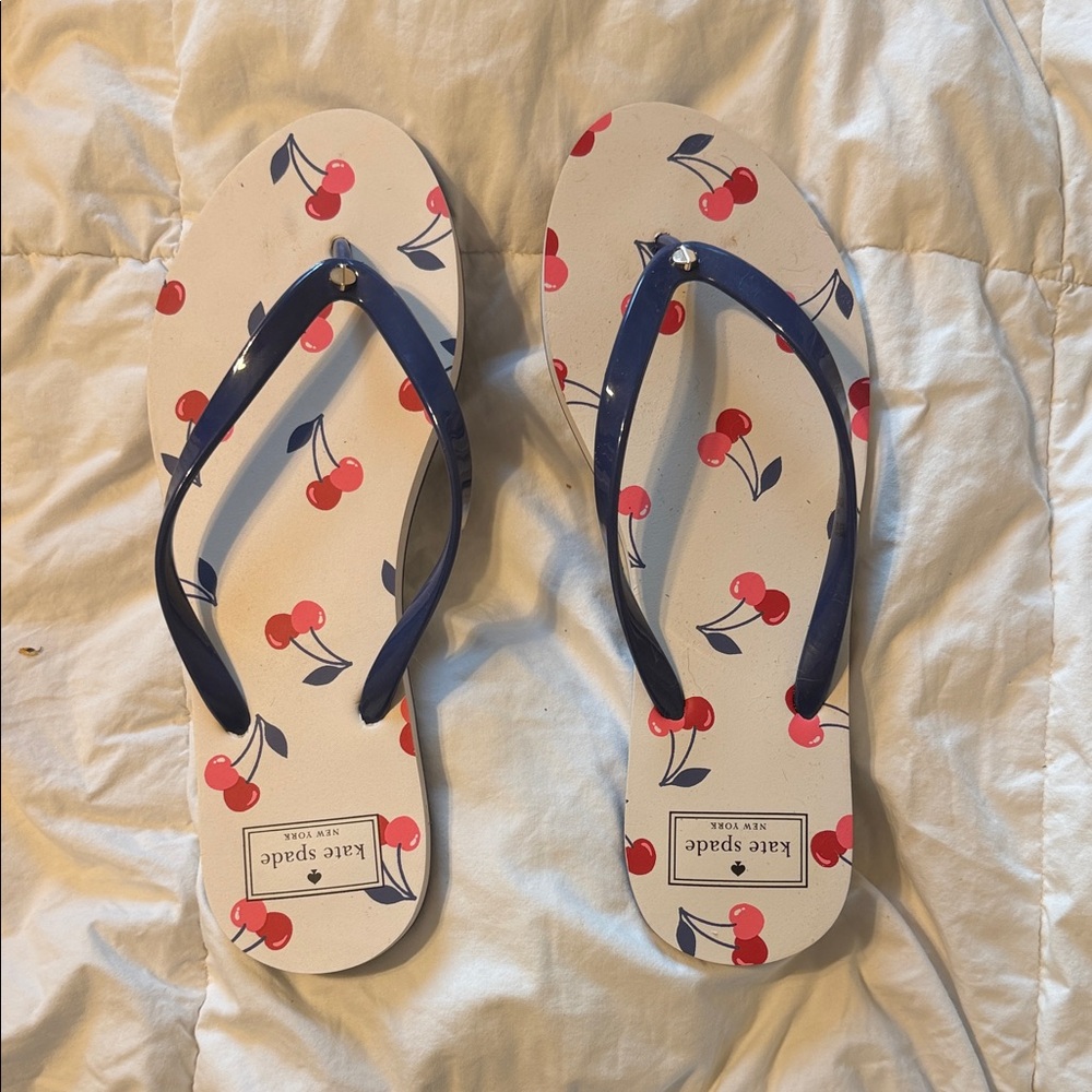 Kate Spade Cherry Pattern Flip Flops with Blue Straps